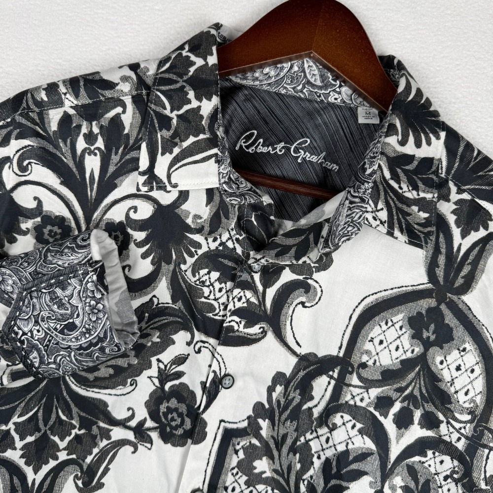 Robert Graham Button Down Shirt Mens M White Black Damask Flip Cuff Maximalist